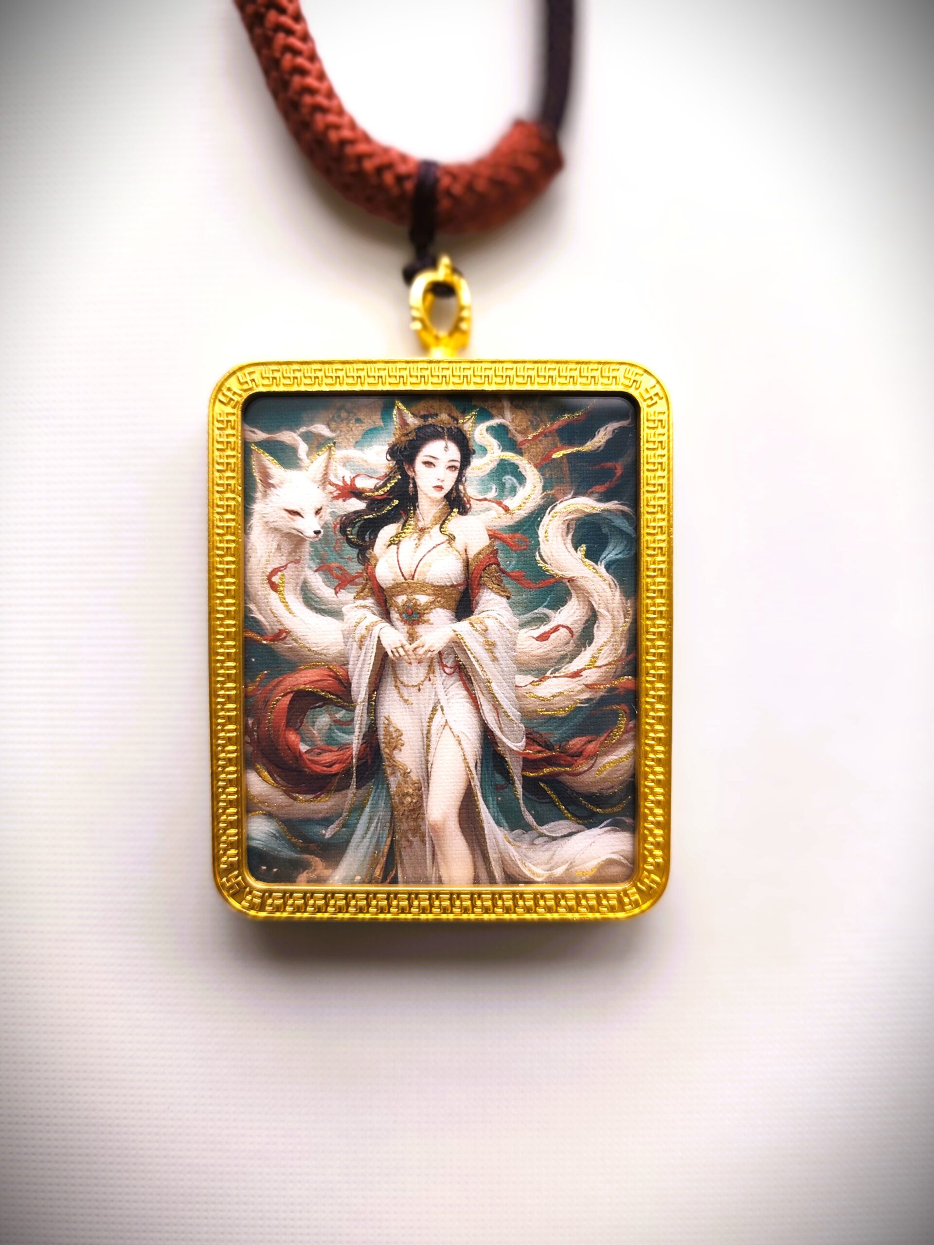 Hand-painted Thangka card of a Nine-Tailed Fox - Image 5