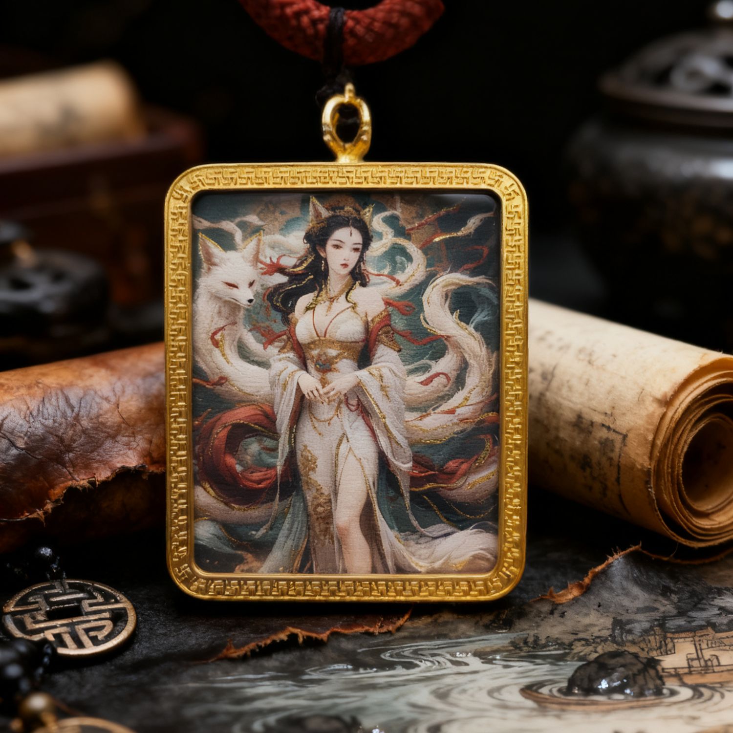 Hand-painted Thangka card of a Nine-Tailed Fox