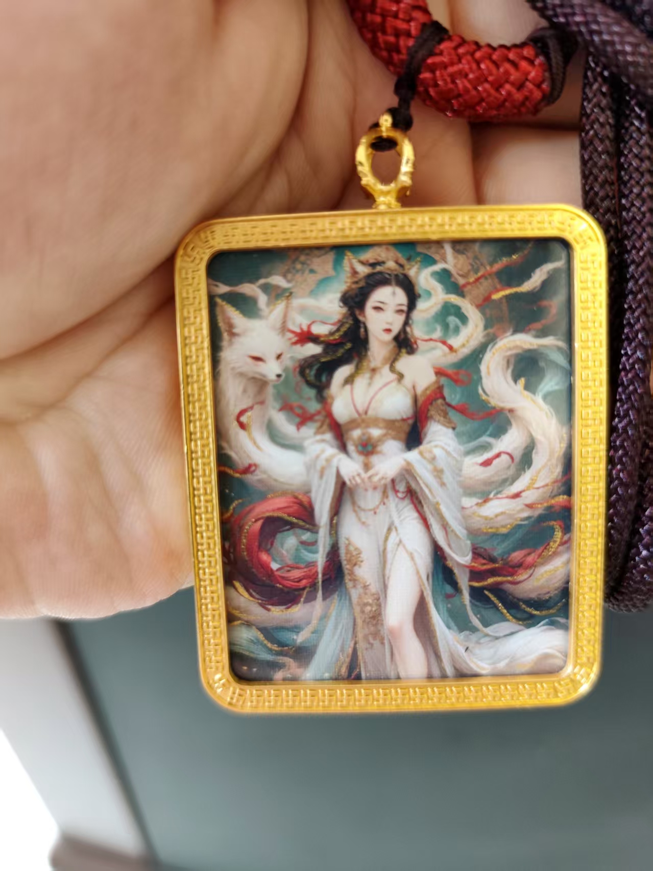 Hand-painted Thangka card of a Nine-Tailed Fox - Image 2