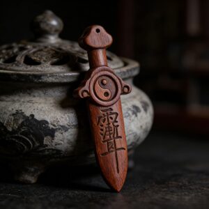 Lightning-struck Peach Wood with Crape Myrtle Charm and Seven-Star Sword Amulet for Protection