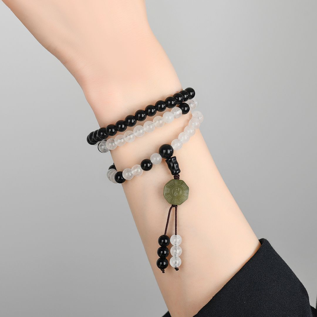 Taoist Prayer Beads Tai Chi Bagua White Jade Obsidian Spiritual Necklace - Image 4